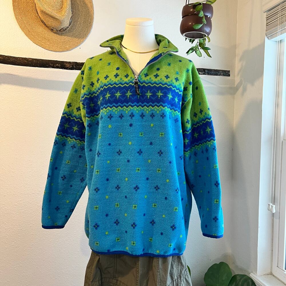 Vintage Cheetah Printed Soft Fleece Green & Blue Pullover Sweater Size Medium